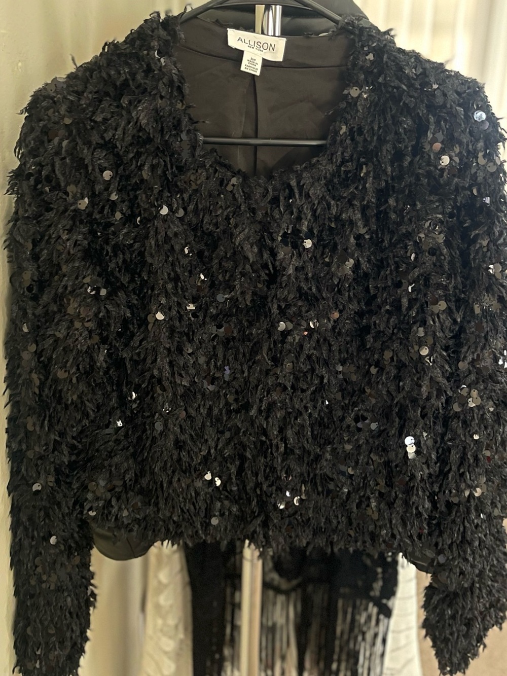 Allison New York- Black Sequin Fringe Textured Jacket
